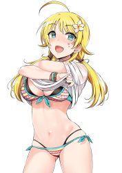 Rule 34 | 1girl, :d, ahoge, aqua eyes, bikini, blonde hair, blush, breasts, clothes lift, clothes pull, commentary request, flower, front-tie top, hair flower, hair ornament, heart, idolmaster, large breasts, lifting own clothes, long hair, low twintails, multicolored bikini, multicolored clothes, navel, open mouth, shiroyukimajima, shirt, shirt lift, shirt pull, side-tie bikini bottom, simple background, smile, solo, standing, swimsuit, tokoro megumi, twintails, white background, white shirt, wristband
