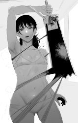 Rule 34 | 1girl, armpits, bad id, bad twitter id, bra, breasts, chainsaw man, cleavage, dissolving clothes, greyscale, highres, holding, holding sword, holding weapon, looking at viewer, mitaka asa, monochrome, navel, nuezou, open mouth, panties, stomach, sword, thigh gap, underwear, weapon