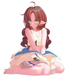 Rule 34 | 1girl, ahoge, arknights, barefoot, blush, breasts, cleavage, crop top, ear piercing, green eyes, jacket, long hair, myrtle (arknights), off shoulder, piercing, pointy ears, red hair, shirt, simple background, sitting, skirt, small breasts, smile, solo, wariza, wavy hair, white background, white skirt, yamauchi (conan-comy), yellow jacket, yellow shirt