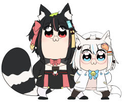 Rule 34 | 2girls, :3, animal ear fluff, animal ears, arms behind back, bailingxiao jiu, bell, beret, bkub (style), black bow, black footwear, black hair, black legwear, blue bow, blue eyes, blue hair, blush, bow, braid, brown sweater, closed mouth, fox ears, fox girl, fox hair ornament, fox tail, glasses, hair bow, hair ornament, hairclip, hat, jacket, jingle bell, leaf, leaf on head, multicolored hair, multiple girls, open clothes, open jacket, original, pince-nez, pink bow, pink hair, poptepipic, raccoon ears, raccoon girl, raccoon tail, red-framed eyewear, red eyes, shoes, short hair, simple background, standing, streaked hair, striped tail, sweater, tail, thighhighs, white background, white hair, white headwear, white jacket, white legwear