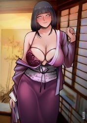 Rule 34 | 1girl, alternate costume, architecture, black hair, blunt bangs, blush, bra, breasts, cleavage, clenched hand, closed mouth, commentary, east asian architecture, english commentary, english text, highres, hyuuga hinata, japanese clothes, jnsdh, kimono, large breasts, long hair, looking at viewer, mature female, mole, mole on breast, naruto, naruto (series), obi, off shoulder, open clothes, purple bra, purple eyes, purple kimono, sash, sidelocks, smile, solo, standing, underwear