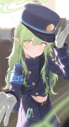 1girl armband belt blue_archive blue_armband buttons closed_mouth cowboy_shot double-breasted gloves green_hair hair_between_eyes hat highres hikari_(blue_archive) hokori1207 long_hair long_sleeves looking_at_viewer midriff peaked_cap pleated_skirt pointy_ears skirt solo wavy_hair white_gloves yellow_eyes