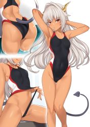 Rule 34 | 1girl, armpits, arms up, ass, black one-piece swimsuit, blush, breasts, competition swimsuit, dark-skinned female, dark skin, dragon girl, dragon horns, dragon tail, fingernails, gluteal fold, hair intakes, highleg, highleg swimsuit, highres, horns, long hair, looking at viewer, multiple views, nail polish, navel, one-piece swimsuit, original, pool, red eyes, red nails, sharp fingernails, silver hair, simple background, sitting, small breasts, smile, spread legs, standing, swimsuit, tail, takunomi, thigh gap, ursula (takunomi), water, white background