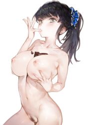 Rule 34 | 1girl, aos, between breasts, black hair, blue eyes, blush, breasts, chocolate, chocolate on body, chocolate on breasts, cleft of venus, collarbone, contrapposto, cowboy shot, deep skin, female pubic hair, finger to mouth, fingernails, food, food on body, grey eyes, groin, hair ornament, hair scrunchie, hand on breast, hands up, heart, heart hair ornament, large breasts, legs together, licking, licking finger, long hair, looking at viewer, nail polish, naked chocolate, navel, nipples, nude, original, pink nails, ponytail, pubic hair, pussy, scrunchie, simple background, solo, standing, stomach, uncensored, white background