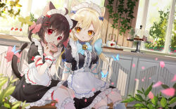 Rule 34 | 2girls, amafuyu, animal ears, apron, black hair, blonde hair, bug, butterfly, cake, cake slice, cake stand, cat ears, cat girl, cat tail, commission, cup, cupcake, doughnut, dress, eating, food, frilled dress, frilled legwear, frills, insect, long hair, looking at viewer, maid, maid headdress, multiple girls, orange eyes, original, parted lips, petals, pixiv commission, puffy short sleeves, puffy sleeves, red eyes, short hair, short sleeves, sitting, tail, teacup, teapot