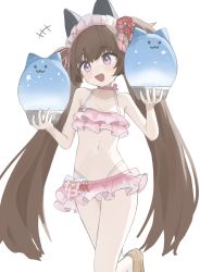 Rule 34 | +++, 1girl, absurdres, ainkun, animal ears, bare shoulders, bikini, blue archive, blush, bowl, breasts, brown hair, cat ears, choker, cleavage, fake animal ears, food, frilled bikini, frills, highres, holding, holding bowl, long hair, maid headdress, navel, open mouth, pink bikini, platform footwear, purple eyes, sandals, shaved ice, shizuko (blue archive), shizuko (swimsuit) (blue archive), simple background, small breasts, solo, star (symbol), star in eye, swimsuit, symbol in eye, twintails, walking, white background