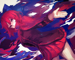Rule 34 | 1girl, arm behind back, black shirt, blue bow, bow, breasts, cloak, commentary, covered mouth, cowboy shot, hair bow, highres, hoshiringo0902, long sleeves, looking at viewer, medium breasts, open hand, outstretched arm, red cloak, red eyes, red hair, red skirt, sekibanki, sekibanki day, shirt, short hair, skirt, solo, standing, touhou, tsurime