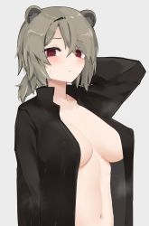 Rule 34 | 1girl, absinthe (arknights), alternate costume, animal ears, arknights, arm up, bear ears, black shirt, blush, breasts, brown hair, cleavage, collarbone, commentary request, covered erect nipples, grey background, hand in own hair, highres, kitorakito, large breasts, long sleeves, looking at viewer, low ponytail, naked shirt, navel, no bra, parted lips, red eyes, shirt, short hair, simple background, solo, steaming body, stomach, sweat, swept bangs, upper body