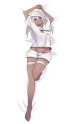 Rule 34 | 1girl, absurdres, arms up, barefoot, bed, bed sheet, clover, collarbone, crop top, dark-skinned female, dark skin, english text, execneet, execneet, feet, four-leaf clover, guilty gear, guilty gear strive, guilty gear strive x tower records, hair between eyes, hat, highres, long hair, looking at viewer, lying, midriff, navel, on back, orange eyes, platinum blonde hair, ramlethal valentine, shirt, solo, stomach, white shirt