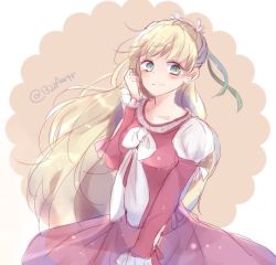 Rule 34 | 1girl, blonde hair, blue eyes, blush, breasts, claire bennett, dress, flower, hair ornament, long hair, looking at viewer, lowres, ribbon, small breasts, smile, solo, tales of (series), tales of rebirth