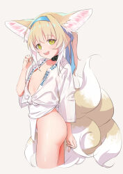 Rule 34 | 1girl, animal ear fluff, animal ears, arknights, ass, blonde hair, blue hairband, center opening, cow, flat chest, fox ears, fox girl, fox tail, from side, fundoshi, hairband, hand up, highres, infection monitor (arknights), japanese clothes, kitsune, kyuubi, looking at viewer, material growth, mizu happi, multiple tails, open mouth, oripathy lesion (arknights), pelvic curtain, sarashi, simple background, smile, suzuran (arknights), tail, teeth, upper teeth only, yakurope-moko, yellow eyes