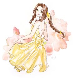 Rule 34 | 1girl, aerith gainsborough, alternate costume, back bow, backless dress, backless outfit, bare arms, bow, braid, braided ponytail, breasts, brown hair, clothes lift, cowboy shot, dress, dress lift, final fantasy, final fantasy vii, final fantasy vii remake, floral background, flower, green eyes, hair ribbon, highres, long hair, looking at viewer, medium breasts, omochi daisuki, parted bangs, pink flower, ribbon, sidelocks, smile, solo, strapless, strapless dress, wavy hair, white background, yellow dress, yellow ribbon