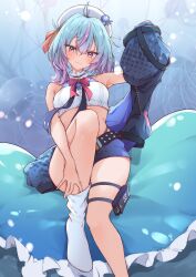 Rule 34 | 1girl, absurdres, adjusting clothes, adjusting legwear, ahoge, airenif, armpits, bare shoulders, belt, beret, blue hair, blue jacket, blue shorts, blush, bow, bowtie, breasts, closed mouth, collar, commentary, crop top, crossed bangs, english commentary, eyelashes, foot out of frame, frilled collar, frills, gradient hair, hair between eyes, hat, hat ornament, highres, hugging own legs, jacket, leaning back, legs, looking at viewer, medium breasts, medium hair, minazuki mana, multicolored hair, no shoes, pink bow, pink bowtie, pouch, purple eyes, purple hair, removing jacket, shirt, short shorts, shorts, sitting, sleeveless, sleeveless shirt, socks, solo, studded belt, thigh pouch, thighs, virtual youtuber, vols, white hat, white shirt, white socks