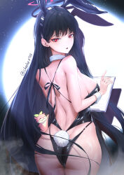 Rule 34 | 1girl, absurdres, animal ears, artist name, ass, backless leotard, black hair, black leotard, blue archive, breasts, chee ke, fake animal ears, fake tail, from behind, halo, highleg, highleg leotard, highres, holding, holding tablet pc, large breasts, leotard, looking at viewer, looking back, moon, night, night sky, playboy bunny, rabbit, rabbit ears, rabbit tail, red eyes, rio (blue archive), sideboob, sky, solo, tablet pc, tail, weasel, wrist cuffs