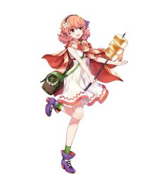 Rule 34 | amagai tarou, brown hair, dress, fire emblem, fire emblem echoes: shadows of valentia, full body, genny (fire emblem), hair ornament, highres, holding, jewelry, leg up, looking away, necklace, nintendo, official art, open mouth, pink hair, shoes, short dress, short hair, sleeveless, solo, standing, transparent background