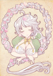 Rule 34 | 10s, 1girl, adapted costume, aikawa ruru, art nouveau, asymmetrical hair, breasts, cleavage, closed eyes, cloud print, crossed arms, female focus, flower, hair flower, hair ornament, kantai collection, large breasts, light smile, puffy short sleeves, puffy sleeves, short sleeves, silver hair, simple background, solo, unryuu (kancolle), upper body