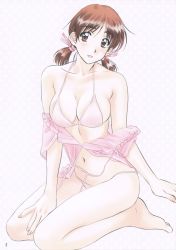 Rule 34 | 1girl, absurdres, adachi taeko, barefoot, bikini, blush, breasts, brown eyes, brown hair, cleavage, freckles, head tilt, highres, lingerie, looking at viewer, low twintails, matching hair/eyes, medium breasts, off shoulder, page number, pink bikini, pink shirt, polka dot, polka dot background, polorinken, seiza, sentimental graffiti, shirt, short twintails, sitting, smile, solo, swimsuit, tagme, twintails, underwear
