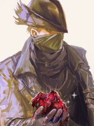 Rule 34 | 1boy, blood, bloodborne, cloak, coat, commentary request, gloves, guri otoko, hat, highres, holding, holding clothes, hunter (bloodborne), male focus, mask, mouth mask, original, short hair, simple background, solo, sparkle, tricorne, white background