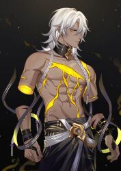 Rule 34 | 1boy, abs, absurdres, black background, chain, commentary, english commentary, highres, honkai: star rail, honkai (series), jewelry, looking at viewer, male focus, medium hair, nanook (honkai: star rail), no nipples, onlytruepain, parted bangs, parted lips, ring, scar, simple background, solo, topless male, upper body, white hair
