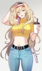 Rule 34 | 1girl, belt, black belt, blonde hair, blue eyes, blue pants, coffee cup, cowboy shot, cup, denim, disposable cup, grey background, hair between eyes, highres, holding, holding cup, jeans, kantai collection, kasumi (skchkko), long hair, midriff, mole, mole under eye, mole under mouth, navel, open mouth, pants, ribbed sweater, richelieu (kancolle), solo, sweater, very long hair, yellow sweater