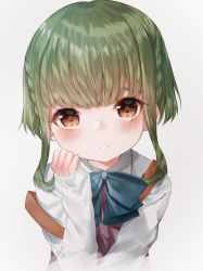Rule 34 | 1girl, absurdres, blush, bob cut, bow, bowtie, braid, brown eyes, eyebrows hidden by hair, green hair, hand on own cheek, hand on own face, hand up, highres, kanae (inorin05kanae), kantai collection, long sleeves, looking at viewer, parted lips, shirt, short hair, short hair with long locks, sidelocks, simple background, sleeves past wrists, solo, takanami (kancolle), white background, white shirt