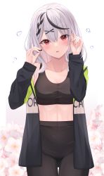 Rule 34 | 1girl, absurdres, black hair, black jacket, black pants, blush, braid, breasts, cleavage, collarbone, commentary request, ear piercing, earbuds, earphones, floral background, flower, gluteal fold, grey hair, hair between eyes, hair ornament, hairclip, hands up, head tilt, highres, hololive, jacket, long sleeves, medium breasts, midriff, multicolored hair, nail polish, open clothes, open jacket, pants, parted lips, piercing, pink nails, red eyes, sakamata chloe, solo, standing, starfox1015, streaked hair, virtual youtuber, white background, white flower, wireless earphones, x hair ornament