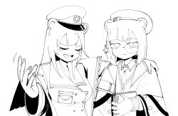 Rule 34 | 2girls, animal ears, arknights, bear ears, closed eyes, closed mouth, greyscale, hair ornament, hat, highres, istina (arknights), jacket, long hair, long sleeves, monochrome, monocle, multiple girls, official alternate costume, open mouth, peaked cap, radish p, short hair, simple background, star (symbol), star hair ornament, upper body, white background, zima (arknights), zima (ready to go) (arknights)