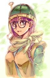 Rule 34 | 1girl, between breasts, breasts, chrono trigger, closed mouth, glasses, helmet, kin mokusei, looking at viewer, lucca ashtear, purple hair, scarf, short hair, smile, solo, strap between breasts