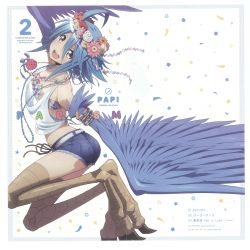 Rule 34 | 10s, 1girl, :d, ahoge, album cover, arm up, bandeau, blue hair, breasts, character name, claws, cleavage, cover, denim, denim shorts, feathered wings, flower, hair flower, hair ornament, harpy, head wreath, highres, jewelry, monster girl, monster musume no iru nichijou, necklace, official art, open mouth, orange eyes, outstretched arms, papi (monster musume), shorts, simple background, small breasts, smile, solo, talons, wings