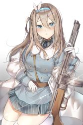 Rule 34 | 1girl, bad id, bad pixiv id, black shirt, blue eyes, blue hairband, blue jacket, blue skirt, blush, brown hair, closed mouth, collared shirt, commentary, dore (gilles dore), dress shirt, fur-trimmed jacket, fur trim, girls&#039; frontline, gloves, gradient background, grey background, gun, hair between eyes, hair ornament, hairband, head tilt, highres, holding, holding gun, holding weapon, jacket, long hair, long sleeves, looking at viewer, name connection, object namesake, one side up, pleated skirt, shirt, skirt, snowflake hair ornament, solo, striped clothes, striped skirt, submachine gun, suomi (girls&#039; frontline), suomi kp/-31, thighhighs, vertical-striped clothes, vertical-striped skirt, weapon, white background, white gloves, white thighhighs