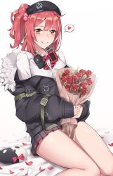 Rule 34 | 1girl, bad id, bad pixiv id, beret, black hat, blouse, blush, bouquet, bow, bowtie, collared shirt, flower, girls&#039; frontline, gun, h&amp;k mp7, hat, heart, highres, holding, holding bouquet, jacket, long hair, looking at viewer, miniskirt, mp7 (girls&#039; frontline), orange eyes, pink bow, pink bowtie, pink hair, shirt, skirt, smile, solo, spoken heart, striped bow, striped bowtie, striped clothes, submachine gun, tagme, thighs, weapon, white background, white shirt, yp7 (vvy)