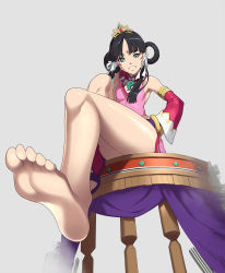 Rule 34 | 1girl, bare legs, bare shoulders, barefoot, black hair, boots, chair, detached sleeves, dress, facial mark, feet, foot focus, from below, green eyes, grin, ace attorney, phoenix wright: ace attorney - spirit of justice, hair rings, highres, rayfa padma khura&#039;in, ryuichi3517, shoes, short dress, sidelocks, single boot, single shoe, sitting, smile, soles, solo, tiara, toes