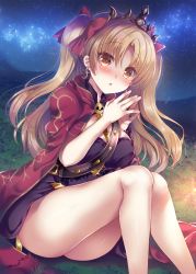 Rule 34 | 1girl, bare legs, belt, blonde hair, breasts, brown eyes, cape, earrings, ereshkigal (fate), fate/grand order, fate (series), feet out of frame, highres, jewelry, large breasts, legs together, looking at viewer, milky way, night, night sky, outdoors, own hands clasped, own hands together, parted lips, red cape, sitting, skirt, sky, solo, star (sky), starry sky, suzunone rena, tohsaka rin, twintails