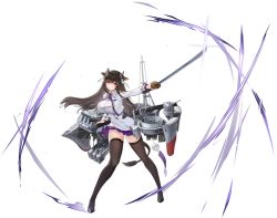 Rule 34 | 1girl, animal ears, azur lane, black footwear, black hair, breasts, brown thighhighs, cow ears, cow girl, cow horns, cow tail, cropped jacket, floating hair, full body, glint, highres, holding, holding sword, holding weapon, horns, jacket, kashino (azur lane), katana, large breasts, long hair, long sleeves, looking at viewer, machinery, mast, official art, open clothes, open jacket, outstretched arm, pleated skirt, purple eyes, purple skirt, sheath, shirt, skirt, solo, standing, sword, tail, thighhighs, transparent background, turret, weapon, white jacket, white shirt, wind chime, wing collar, yyy (zelda10010), zettai ryouiki