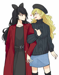 Rule 34 | 2girls, aran sweater, beret, black sweater, blake belladonna, blue skirt, bow, cable knit, coat, commentary request, hair bow, hat, multiple girls, red coat, rwby, skirt, sweater, yang xiao long, yuri