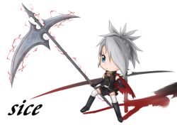 Rule 34 | blue eyes, boots, cape, detached sleeves, final fantasy, final fantasy type-0, ponytail, sice (fft-0), silver hair, skirt, thighhighs, weapon