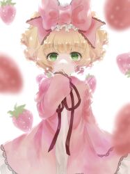 Rule 34 | 1girl, black ribbon, blonde hair, bow, dress, drill hair, finger to mouth, food, frills, fruit, green eyes, hair bow, highres, hinaichigo, kiru (m putorius), long sleeves, looking at viewer, neck ribbon, pink bow, pink dress, ribbon, rozen maiden, short hair, sleeves past wrists, solo, straight-on, strawberry, upper body, white background