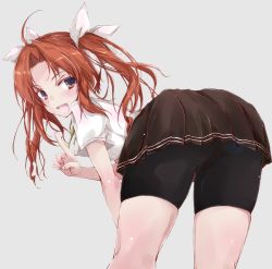 Rule 34 | 1girl, ahoge, ass, bent over, bike shorts, brown hair, cowboy shot, from behind, grey background, hair ribbon, index finger raised, kagerou (kancolle), kagerou kai ni (kancolle), kantai collection, long hair, looking at viewer, looking back, ribbon, school uniform, shirt, short sleeves, shorts, shorts under skirt, simple background, solo, standing, twintails, white ribbon, white shirt, yumesato makura