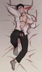 Rule 34 | 1boy, abs, absurdres, bed, black hair, blush, bulge, crotch, full body, highres, looking at viewer, lying, male focus, mocchi (bocmocmoc), muscular, naughty face, necktie, original, pectorals, pillow, smile, socks, solo, steam, sweat, teeth, undressing