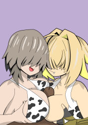 Rule 34 | 1boy, 2girls, :3, :d, absurdres, animal print, asymmetrical docking, bikini, black skin, blonde hair, breast hold, breast press, breasts, breasts squeezed together, colored skin, cooperative paizuri, cow print, cow print bikini, crossover, elegg (nikke), fang, fingerless gloves, gauntlets, gloves, goddess of victory: nikke, grey hair, hair over eyes, hairstyle connection, hetero, highres, large breasts, looking at another, multiple girls, one breast out, open mouth, oshiifans, paizuri, penis, pov, pov crotch, print bikini, single fingerless glove, single gauntlet, skin fang, smile, swimsuit, uncensored, uzaki-chan wa asobitai!, uzaki yanagi