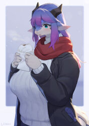 Rule 34 | 1girl, animal ears, black jacket, blue eyes, blue hair, breasts, breath, colored skin, dragon ears, dragon girl, dragon horns, food, furry, furry female, gloves, gradient hair, highres, holding, holding food, horns, jacket, lanya (lcshian), large breasts, lcshian, long hair, looking at food, multicolored hair, multicolored skin, open mouth, original, purple hair, red scarf, ribbed sweater, scarf, snow, solo, sweater, two-tone skin, unworn gloves, white sweater