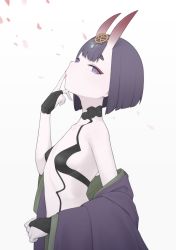 Rule 34 | 1girl, absurdres, bare shoulders, bob cut, breasts, collarbone, eyeliner, fate/grand order, fate (series), female focus, from side, headpiece, highres, horns, japanese clothes, kimono, long sleeves, looking at viewer, makeup, off shoulder, oni, peachyp, purple eyes, purple hair, purple kimono, revealing clothes, short hair, shuten douji (fate), skin-covered horns, small breasts, solo, wide sleeves