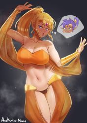 Rule 34 | 1girl, absurdres, aestheticc-meme, alternate costume, arabian clothes, arm up, artist name, bandeau, bare shoulders, belly dancing, black panties, blonde hair, blue eyes, blush, breasts, circlet, cleavage, collarbone, commentary, cosplay, dancer, dancing, earrings, english commentary, gem, gluteal fold, gold, grey background, hagoromo, half-closed eyes, hand up, harem outfit, harem pants, high ponytail, highres, hoop earrings, jewelry, jpeg artifacts, large breasts, long hair, looking to the side, metroid, mole, mole under mouth, motion lines, nail polish, navel, nintendo, nose blush, orange bandeau, orange nails, orange pants, panties, pants, parted lips, possessed, possession, purple gemstone, purple hair, revealing clothes, samus aran, see-through, shantae, shantae (cosplay), shantae (series), shawl, sidelocks, signature, simple background, solo focus, sparkle, spirit (super smash bros.), standing, steam, steaming body, stomach, string panties, super smash bros., sweat, teeth, thought bubble, toned, underwear, vambraces