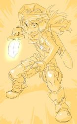 Rule 34 | 1boy, armor, boots, fingerless gloves, full body, gloves, glowing, glowing sword, glowing weapon, goggles, goggles on head, grandia, hair between eyes, holding, holding sword, holding weapon, justin (grandia), male focus, scabbard, scarf, sheath, short sleeves, shorts, solo, sword, weapon, white background, yellow theme
