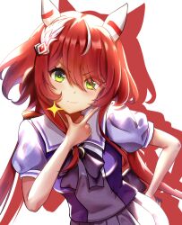Rule 34 | 1girl, animal ears, breasts, closed mouth, commentary request, green eyes, hair between eyes, hair ornament, horse ears, horse girl, long hair, looking at viewer, low twintails, red hair, school uniform, shadow, small breasts, smile, solo, sparkle, tracen school uniform, twintails, umamusume, white background, win variation (umamusume), yangyue mao