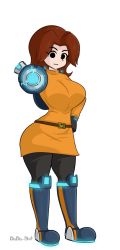 Rule 34 | 1girl, :|, aiming, aiming at viewer, arm cannon, artist name, belt, belt buckle, black eyes, black gloves, black pantyhose, blue footwear, boots, breasts, brown belt, brown hair, buckle, character name, closed mouth, curvy, dodo-bot, dress, expressionless, eyelashes, full body, gloves, glowing, hair intakes, hand on own hip, highres, knee boots, large breasts, legs apart, long sleeves, looking at viewer, medium hair, mii (nintendo), mii gunner, nintendo, orange dress, orange footwear, orange sweater, outstretched arm, pantyhose, simple background, solid eyes, solo, standing, super smash bros., sweater, sweater dress, thighs, weapon, white background, wide hips