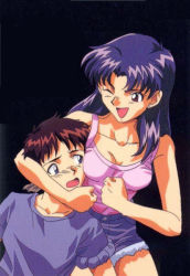 Rule 34 | 1boy, 1girl, age difference, arm around neck, bare arms, bare legs, bare shoulders, black background, black hair, blue eyes, blue shirt, breast press, breasts, brown eyes, brown hair, clenched hands, collarbone, denim, denim shorts, earrings, embarrassed, happy, hetero, ikari shinji, jewelry, katsuragi misato, long hair, looking at another, looking at breasts, looking down, mature female, medium breasts, neck, neon genesis evangelion, older woman and younger man, one eye closed, parted bangs, pink tank top, shirt, shirt tucked in, short hair, short sleeves, shorts, shy, simple background, sleeves rolled up, straight hair, stud earrings, t-shirt, tank top, wink