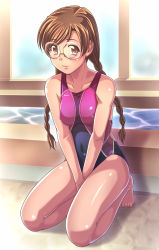 Rule 34 | 1girl, barefoot, between thighs, blush, braid, breasts, brown eyes, brown hair, clala, competition swimsuit, e20, covered erect nipples, glasses, highres, kneeling, long hair, medium breasts, one-piece swimsuit, quiz magic academy, solo, swimsuit, thighs, twin braids, twintails, water