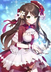 Rule 34 | 1girl, ahoge, apron, beret, breasts, brown hair, closed mouth, commentary, commission, dress, flower, glowing, green eyes, hair flower, hair ornament, hat, indie virtual youtuber, long hair, looking at viewer, medium breasts, multicolored hair, red dress, red hat, red neckwear, riona tono, short sleeves, skeb commission, smile, solo, tilted headwear, two-tone hair, very long hair, virtual youtuber, waist apron, white apron, white flower, wide sleeves, wrist cuffs, yamabukiiro
