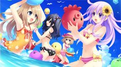 Rule 34 | 10s, 4girls, :d, armpits, arms up, ass, bikini, black hair, blue eyes, blue hair, blush, bow, breasts, brown hair, casual one-piece swimsuit, child, choujigen game neptune mk2, cleavage, cloud, female focus, flat chest, floral print, flower, frilled swimsuit, frills, from behind, game cg, hair flower, hair ornament, happy, hat, long hair, medium breasts, multiple girls, navel, nepgear, neptune (series), ocean, octopus, one-piece swimsuit, open mouth, pink eyes, print bikini, print swimsuit, purple eyes, purple hair, ram (neptunia), red eyes, rom (neptunia), short hair, siblings, sisters, sky, small breasts, smile, star (symbol), star print, striped bikini, striped clothes, sun hat, sunflower, swimsuit, tsunako, twins, two side up, uni (neptunia), wading, water